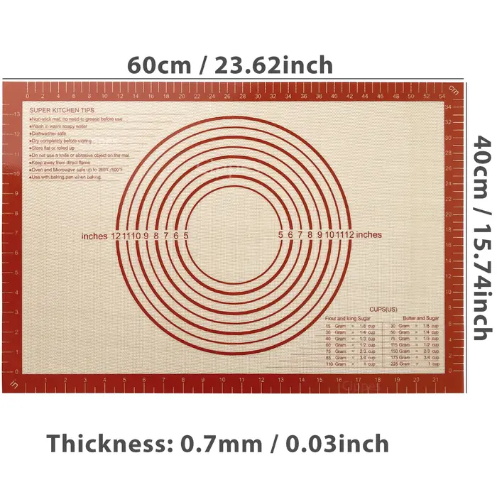 Tapis à pâtisserie en Silicone 60x40cm, 0.7mm d'épaisseur, tapis à rouler la pâte antiadhésif avec G
