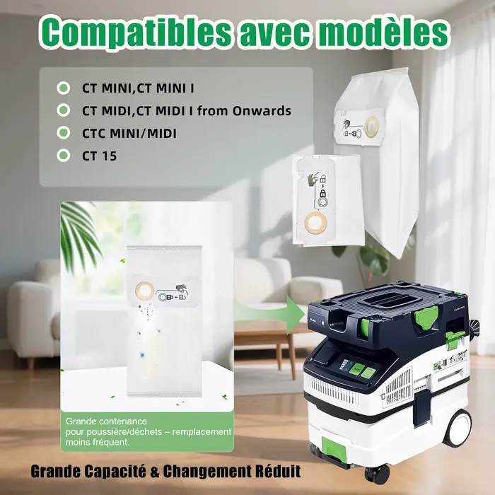 Paquet de 10 pour sac d'aspirateur Festool 204308 CT compatible