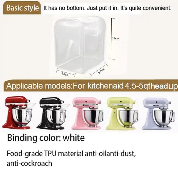 Pour KitchenAid4.5qt 5qt tête haute Housse anti-poussière en TPU du chef ; Étui de protection étanche à l'huile pour machine à mélanger et à pétrir transparente