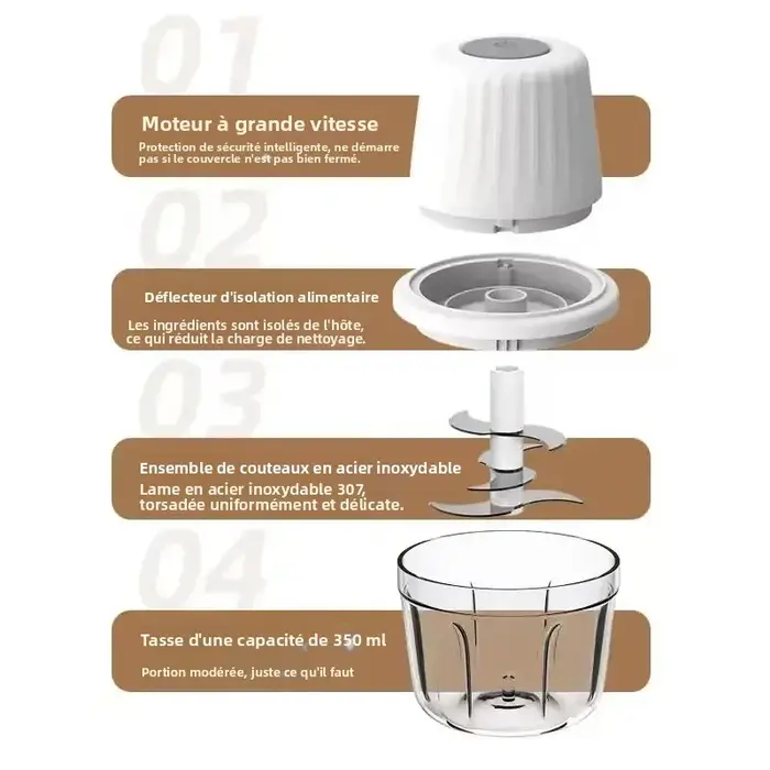 Hachoir à ail électrique portable 400ML avec 6 lames - Mini