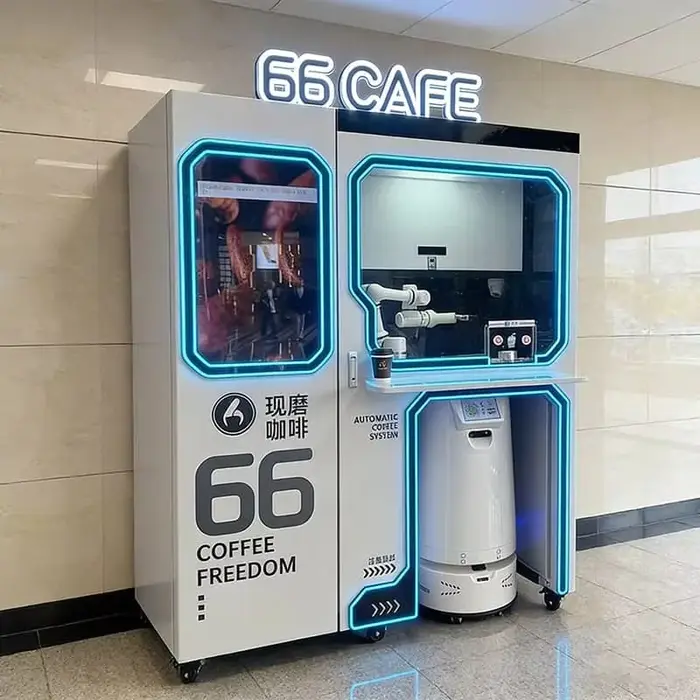 Robot de café intelligent tout-en-un avec bras automatique pour la préparation et kiosque de livraison autonome personnalisable