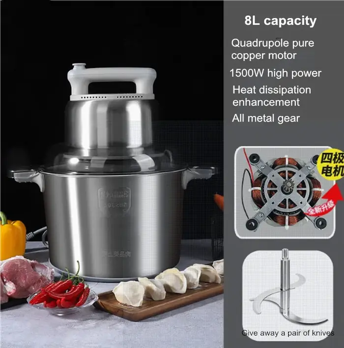 Hachoir à viande électrique 220V 8L, usage commercial et domestique, en acier inoxydable, machine de