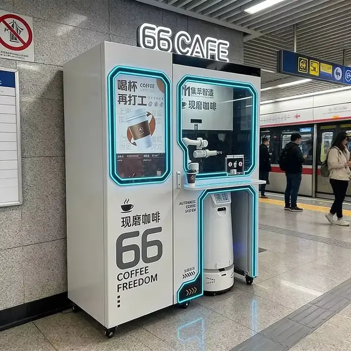 Robot de café intelligent tout-en-un avec bras automatique pour la préparation et kiosque de livraison autonome personnalisable