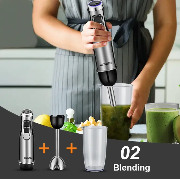4 en 1 mélangeur à main par Immersion haute puissance 1200 W comprend une tasse de hachoir et un smoothie lames à glace