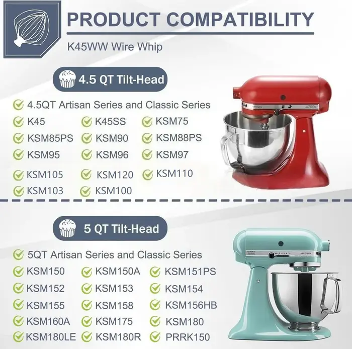 K45WW fouet à 6 fils 4.5QT pour KitchenAid mélangeur sur socle à tête inclinable mise à niveau en acier inoxydable véritable pour les gâteaux de batteur de crème lourde aux œufs