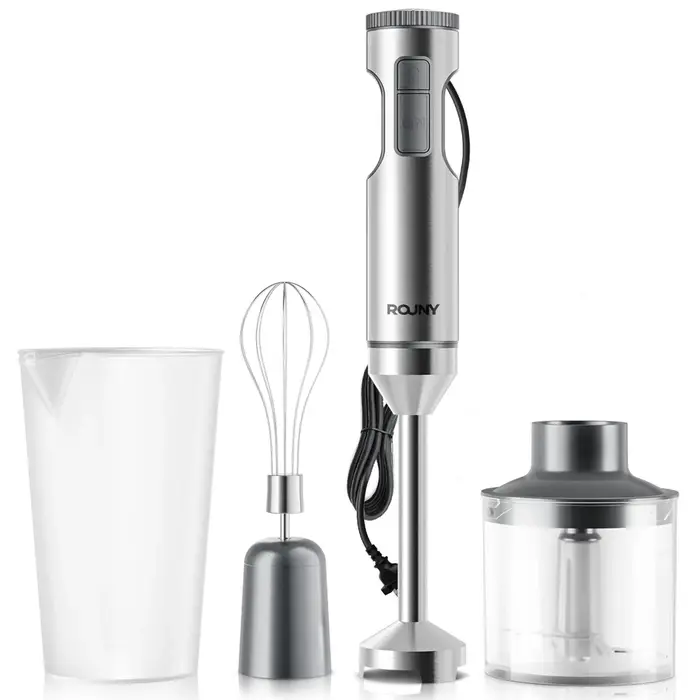Mixeur Plongeant Puissant 4-en-1, Batteur Manuel en Acier Inoxydable, Bol de Mélange 700ml, Hachoir 500ml, Fouet