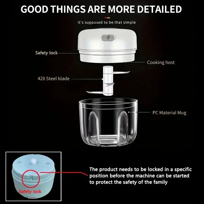 Hachoir à ail et viande rechargeable mini 250 ml 2027 – Durable et robuste, idéal pour écraser l'ail, les piments, les oignons et hacher la viande