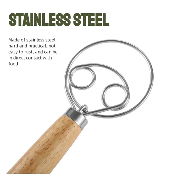 Fouet à pâte en acier inoxydable 304 avec manche en bois lisse