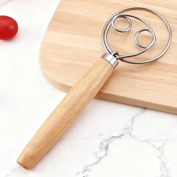 Fouet à pâte en acier inoxydable 304 avec manche en bois lisse, pour la préparation du levain et du 
