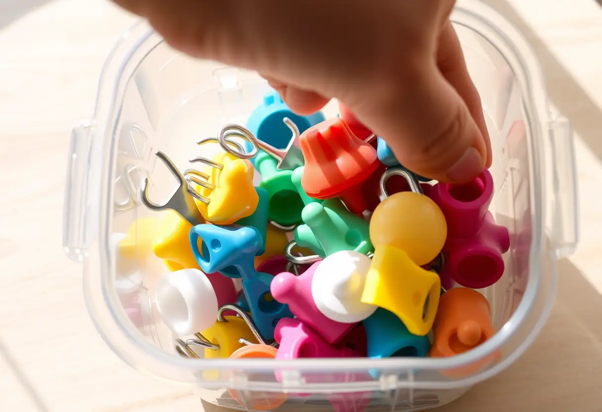 Une main qui atteint vers un conteneur transparent pleins d'accessoires de cuisine colorés
