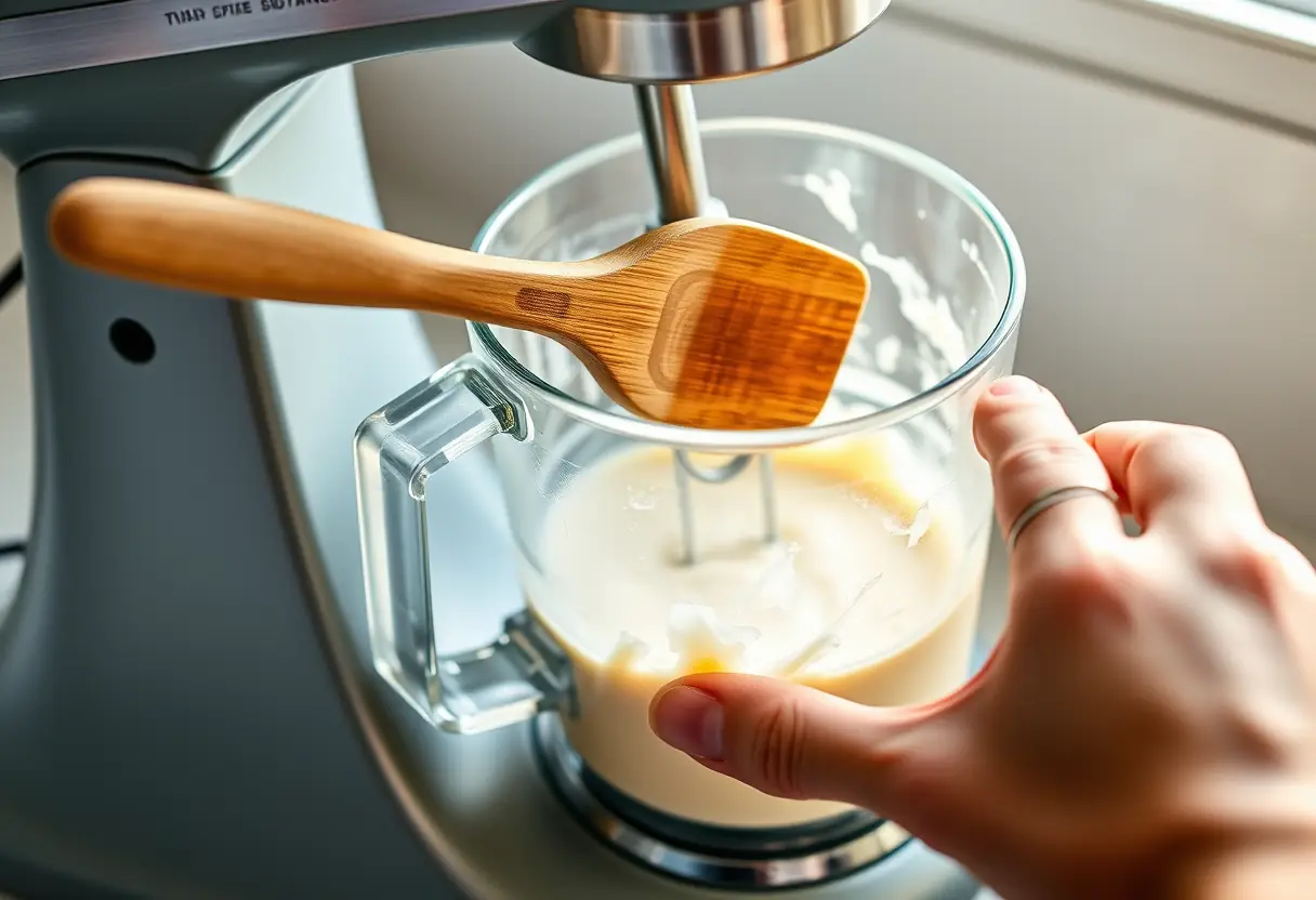 Cuillère en bois près d'un mélangeur en action dans une cuisine
