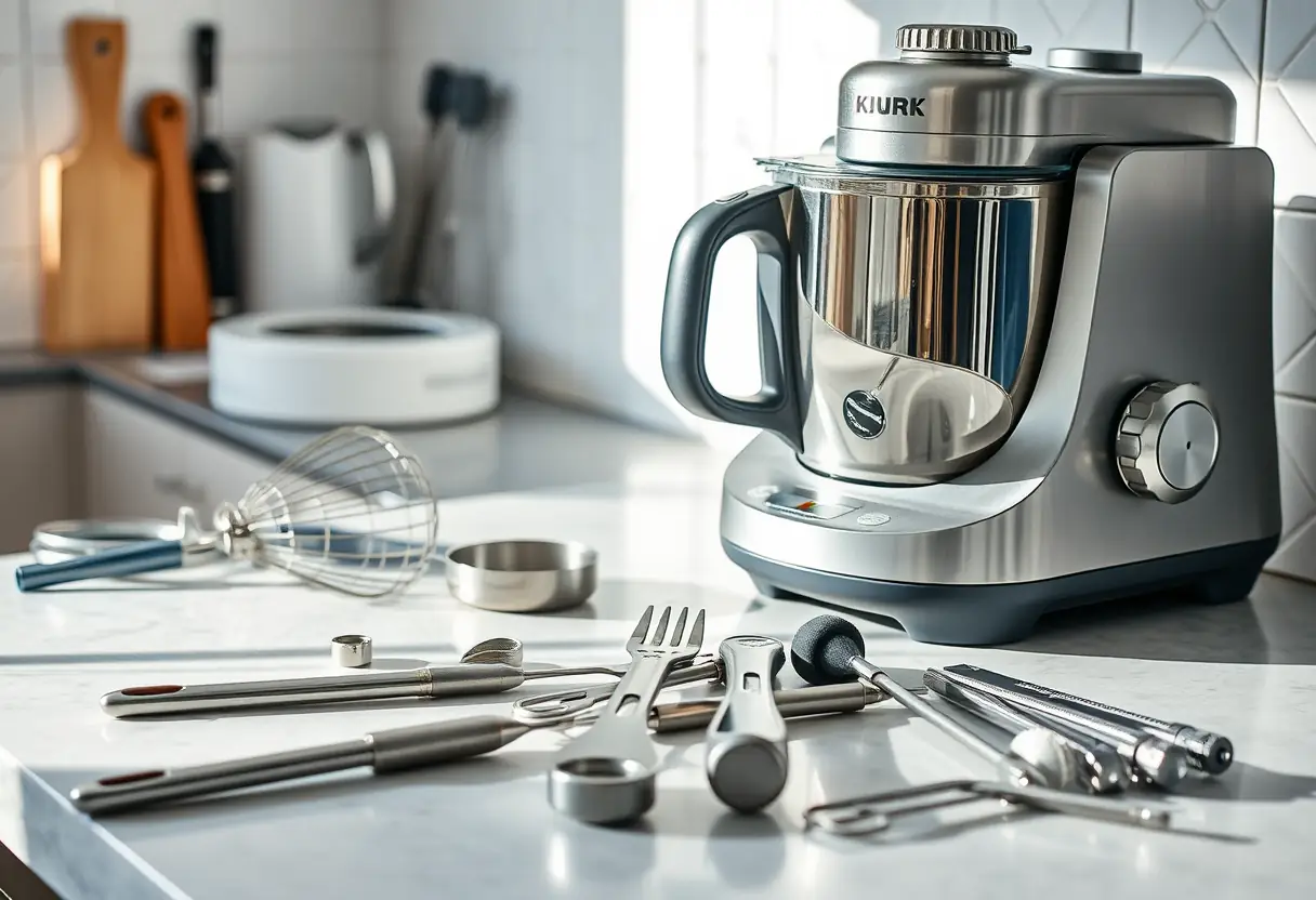 Un plan de travail de cuisine avec divers outils métalliques disposés près d'une solide machine de cuisine, éclairée naturellement