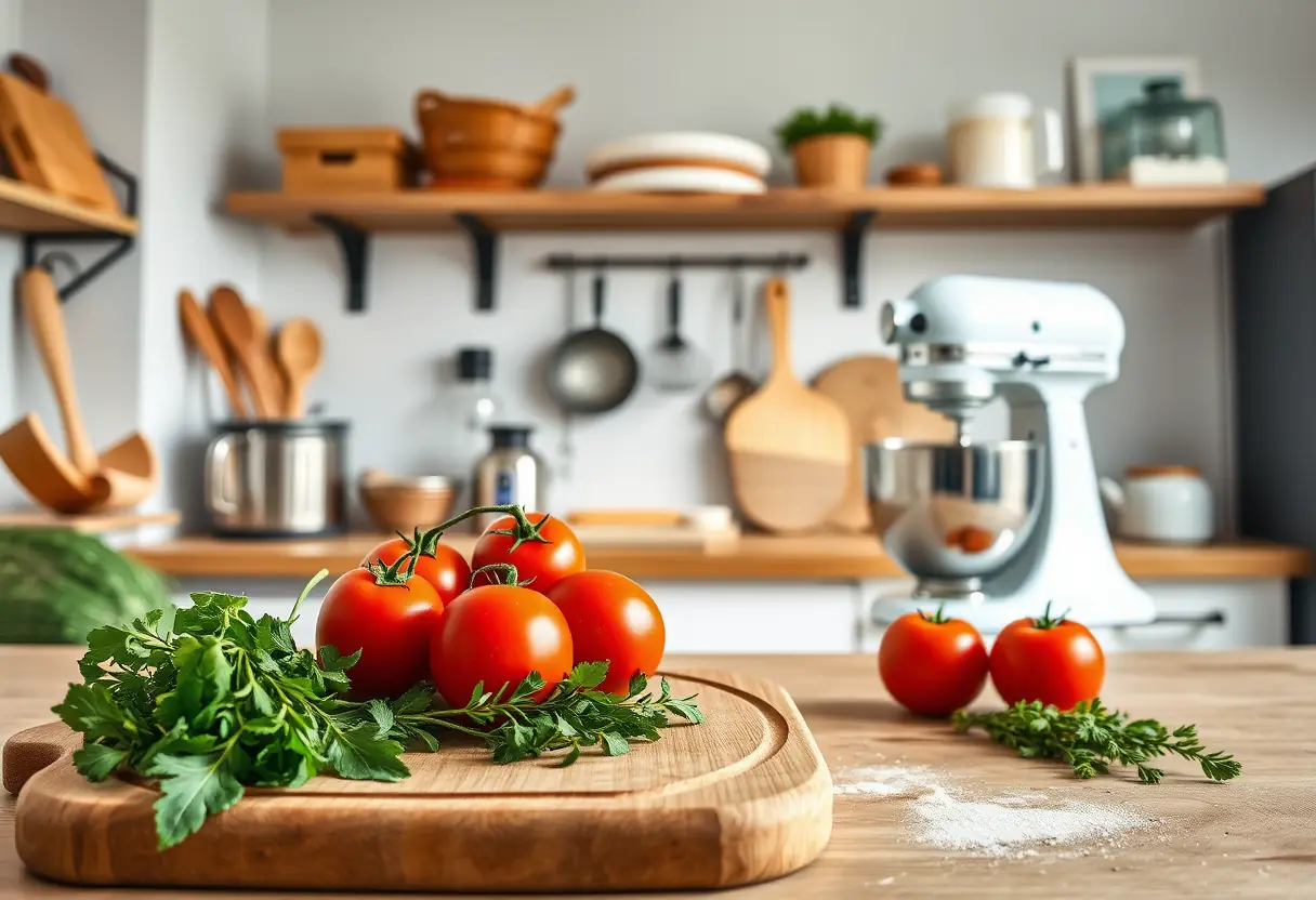 Vue d'une cuisine moderne équipée d'outils de boulangerie, avec un plan de travail en bois contenant des herbes fraîches