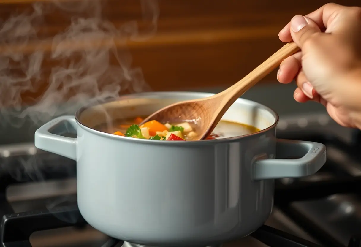 Une main tenant une cuillère en bois qui remue une marmite de soupe de légumes