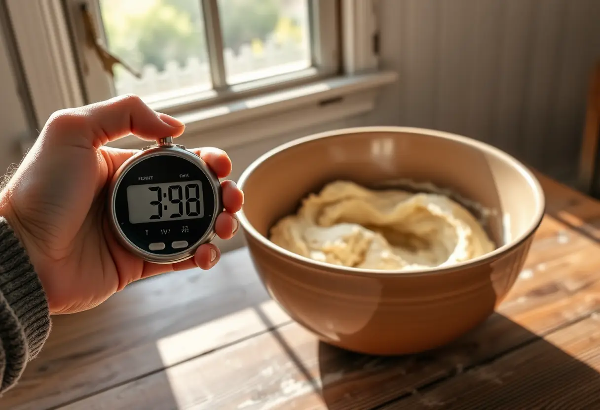Une main tenant un minuteur numérique à côté d'un grand bol en porcelaine contenant de la pâte à gâteau