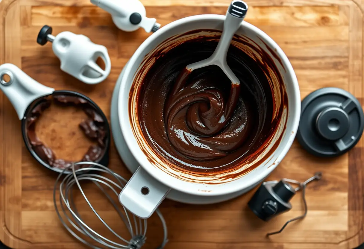 Vue aérienne d'un bol de pétrin rempli de pâte au chocolat, entouré d'accessoires variés, mettant en valeur la polyvalence d'un mélangeur moderne