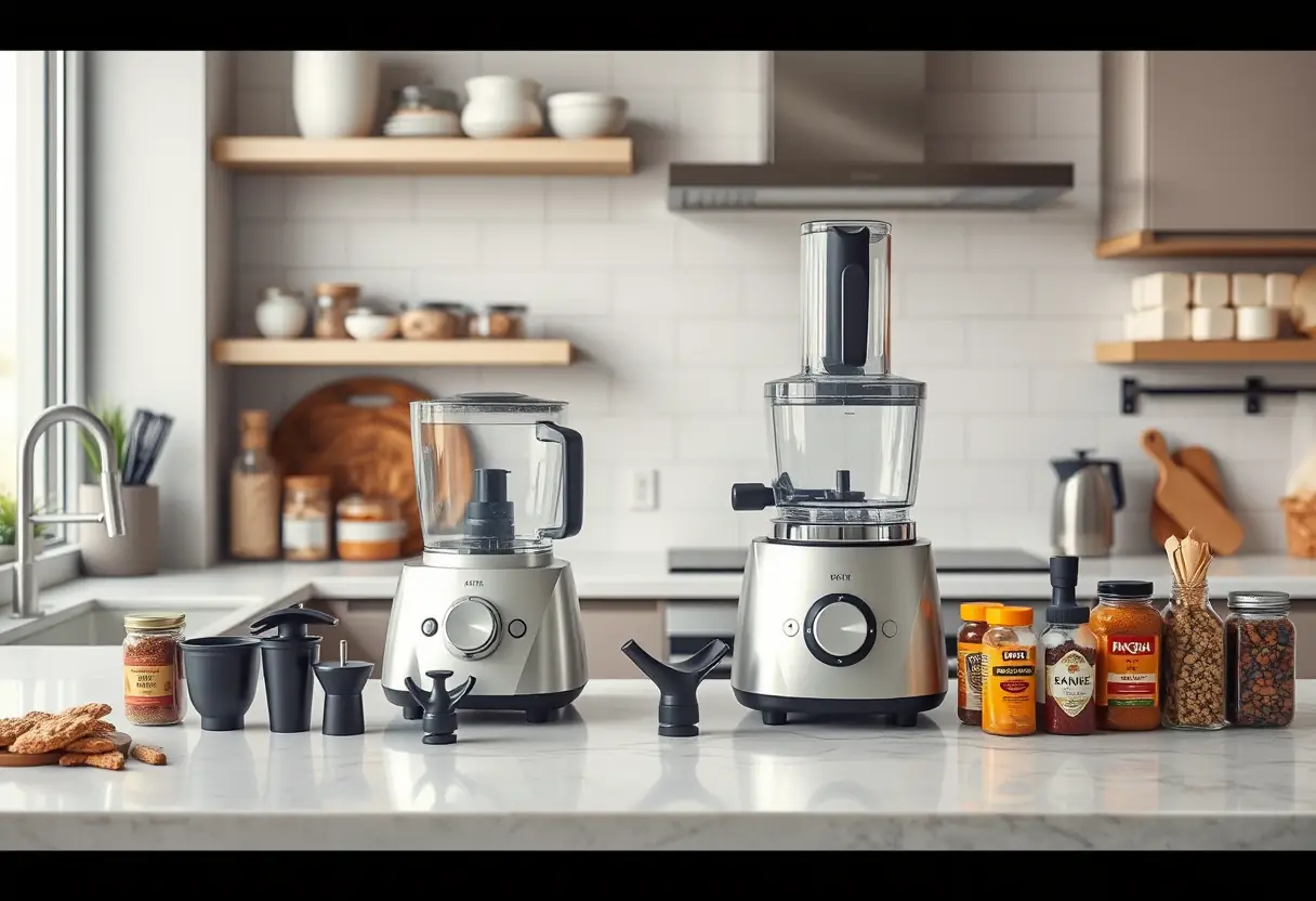 Dans une cuisine moderne, un appareil multifonction avec plusieurs accessoires se trouve sur un comptoir entouré d'ingrédients et d'épices bien rangés
