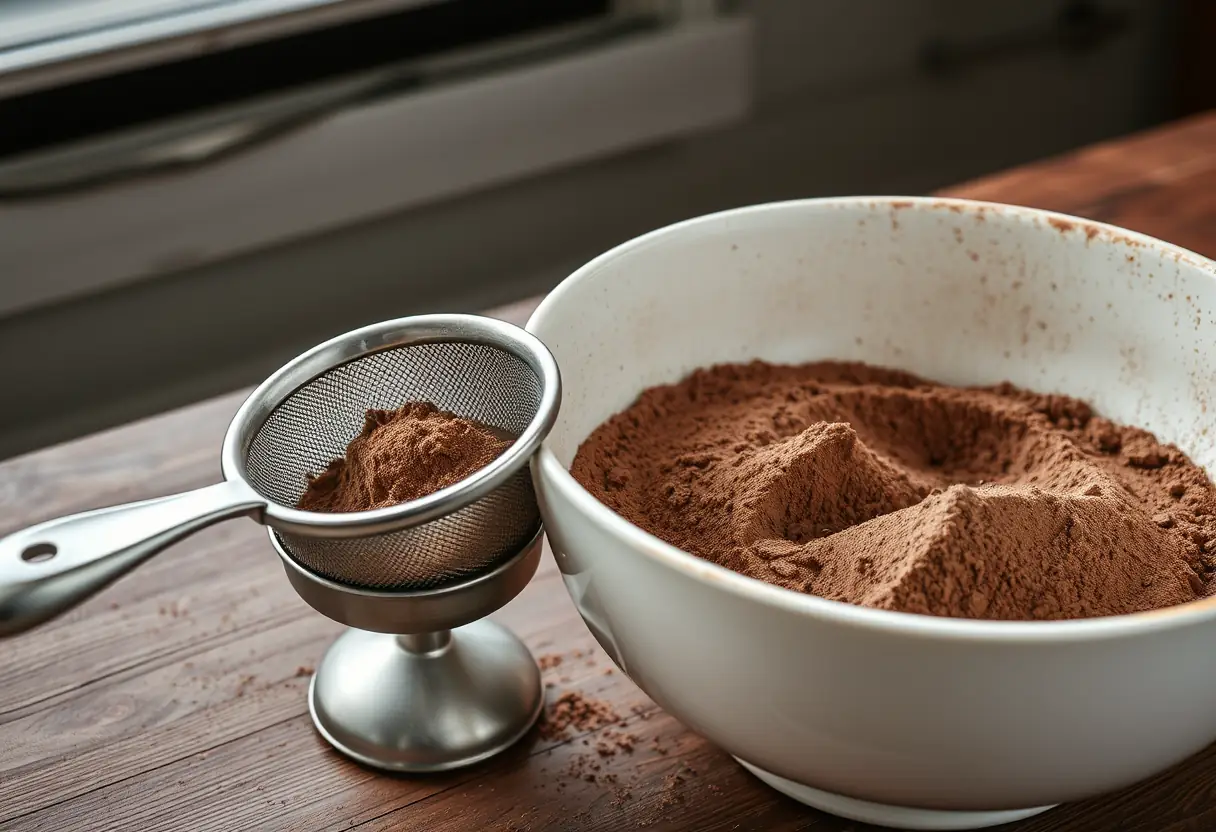 Un tamis manuel posé près d'un grand bol rempli de cacao sur une table en bois