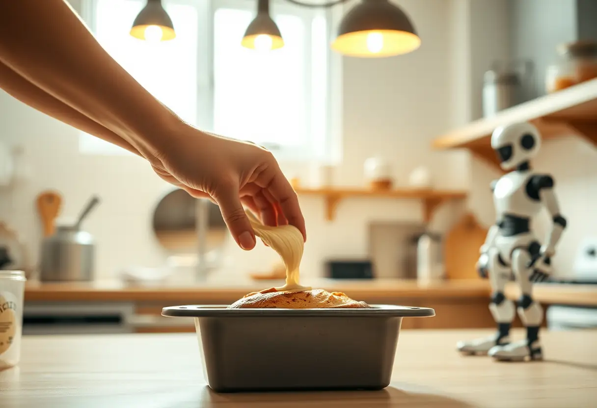 Une main verse de la pâte dans un moule à gâteau sous la lumière douce d'une cuisine familiale