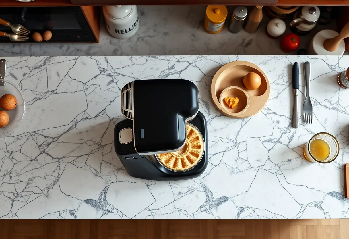 Vue aérienne d'une cuisine contemporaine avec un robot pâtissier noir
