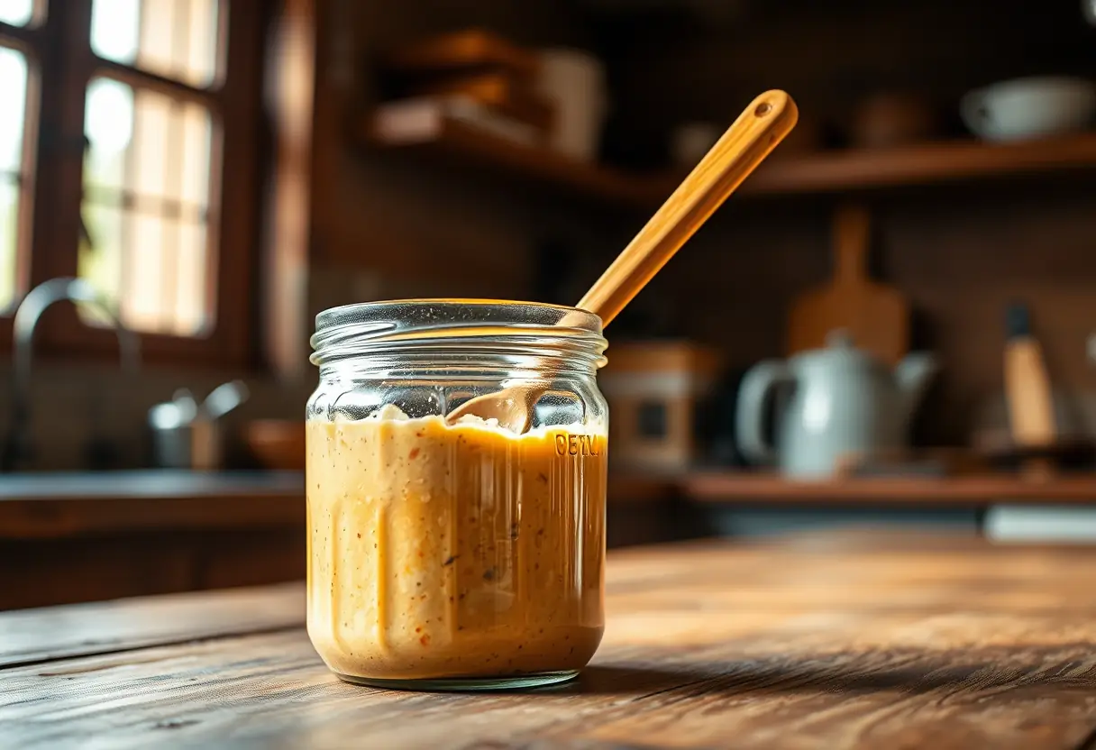 Une cuillère en bois mélangeant une préparation dans un bocal en verre sur un plan de travail rustique